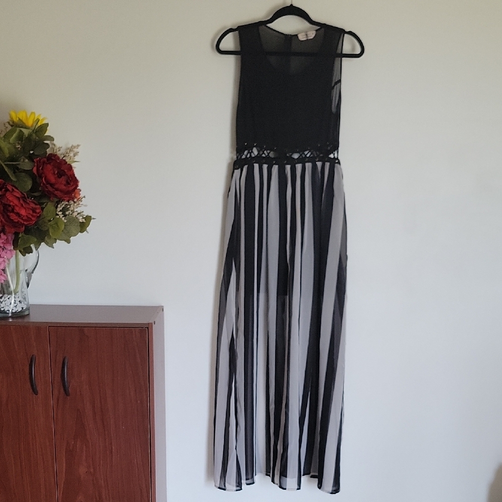 Trendy Sheer Mesh Bodice w/ Criss-Cross Waist And Black and White Striped Skirt